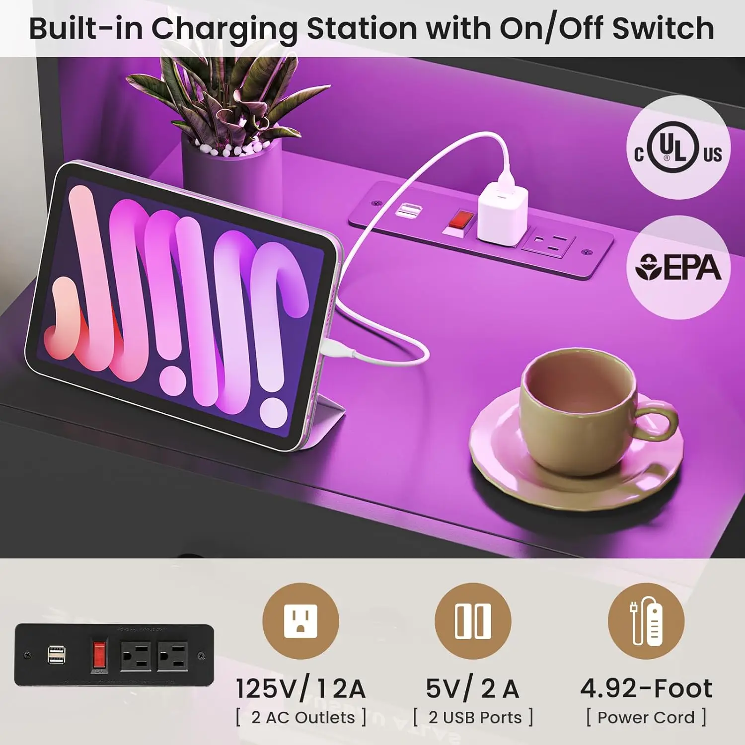 Wysoka szafka nocna VIAGDO z stacją ładującą i oświetleniem LED, duża czarna szafka nocna z półką na książki