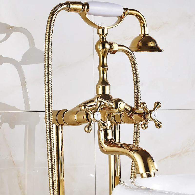 Vidric Luxury Golden Bathroom Free Floor Stand Faucet Telephone Type Dual Handle Mixer Bath Shower Brass Shower Set Luxury Batht