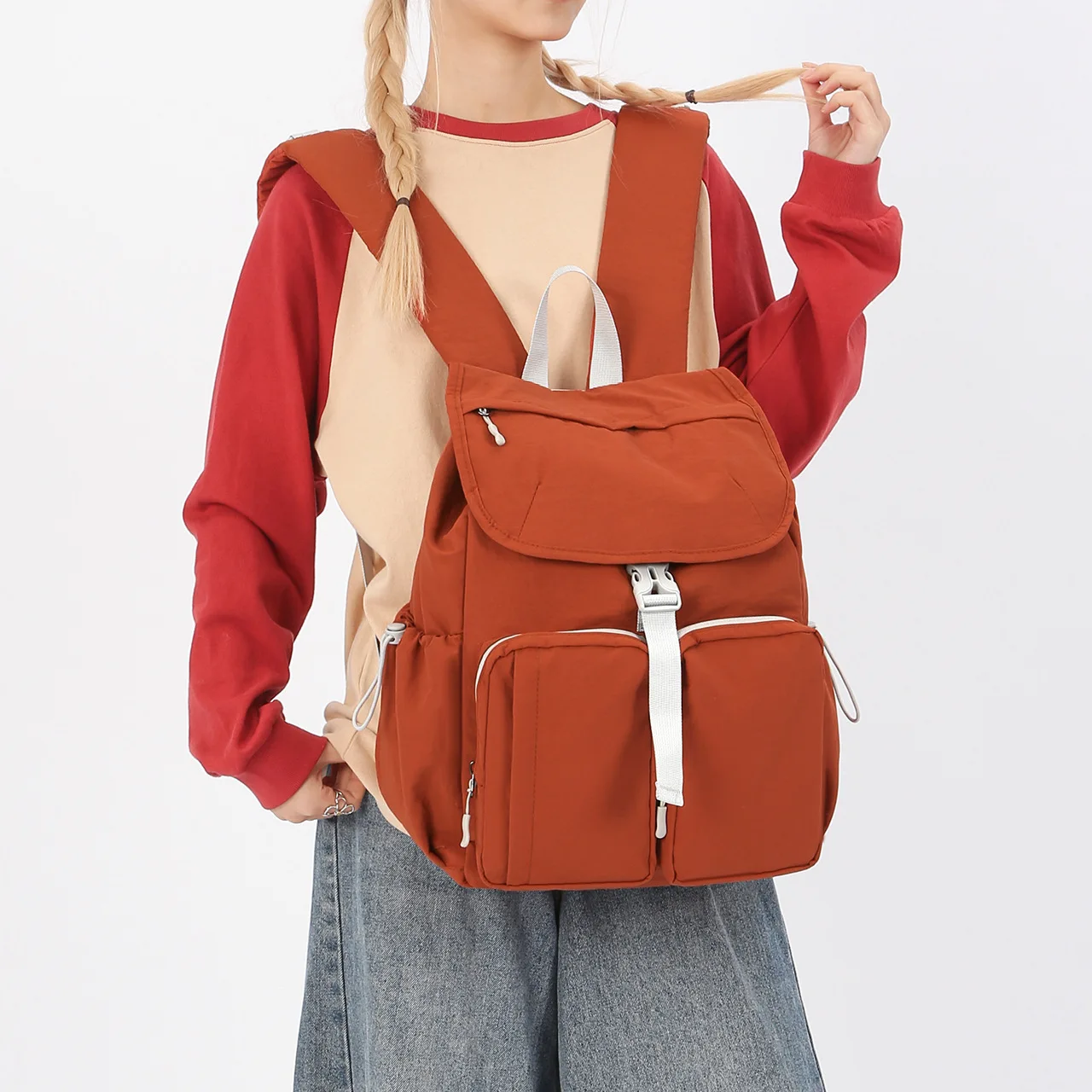 Japan Casual Women Backpack Campus Student School Bag Multi-Pocket Minimalist Daypack Large Capacity Ultra-Light Travel Rucksack