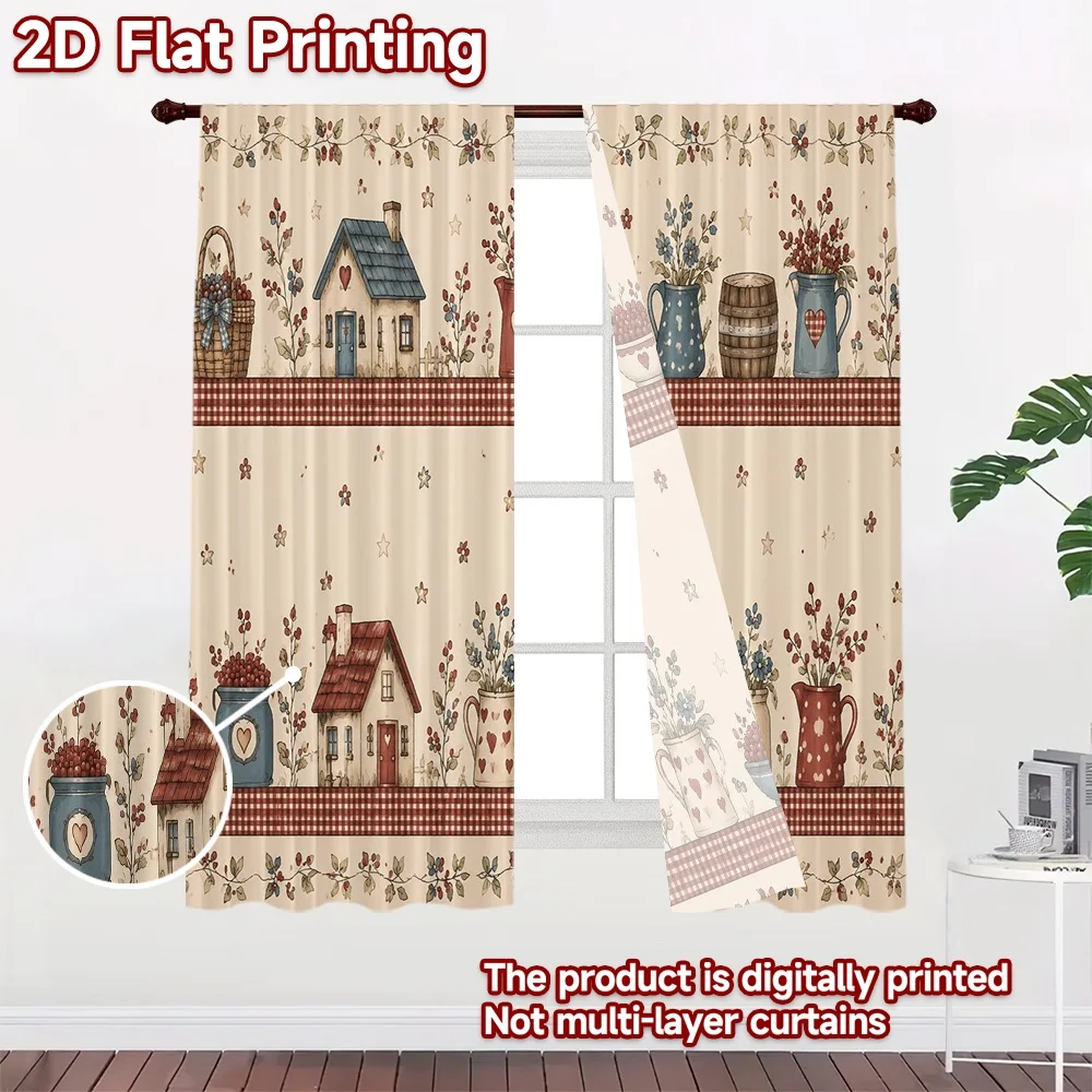 2D FLAT PRINTING 2pcs Curtains (Without Rod) Country Cottage Decor Popular Fashionable Curtains Versatile 100% Polyester