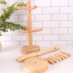 1 Set Wood Storage Holder Stand Tree Shape Coffee Tea Cup Home Kitchen Mug Hanging Display Rack Drinkware Shelf With 6 Hooks