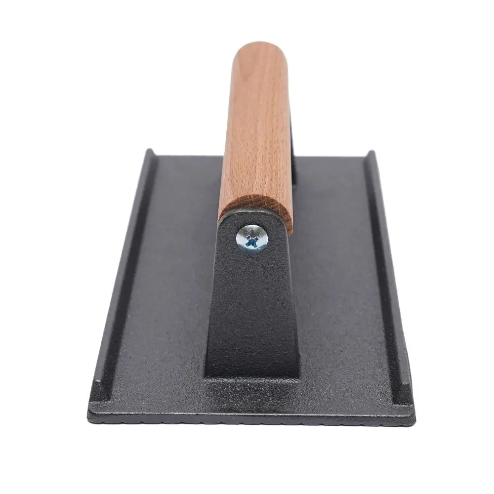 لوح ضغط اللحوم من الحديد الزهر، سطح مسطح، مقبض خشبي، ستيك برجر، مستدير مستطيل، شواية شديدة التحمل، مطحنة همبرغر #3