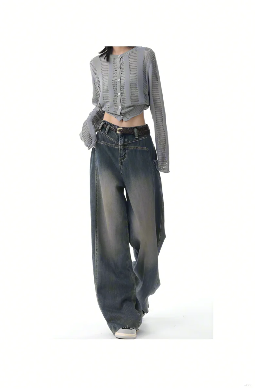 American high street retro do old wide leg jeans women fall 2024 new mid-high waist fashion mopping pants