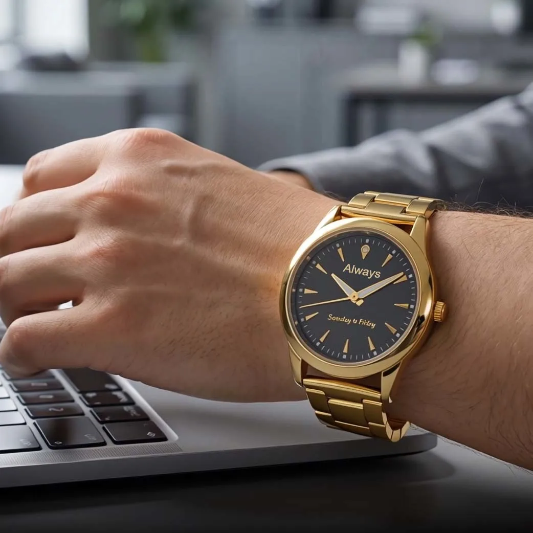 Jam Tangan Kuarsa Kustom Tali Baja Tahan Karat Warna Emas Dial Hitam Putih Tampilan Analog Cetak Nama dan Foto yang Dipersonalisasi