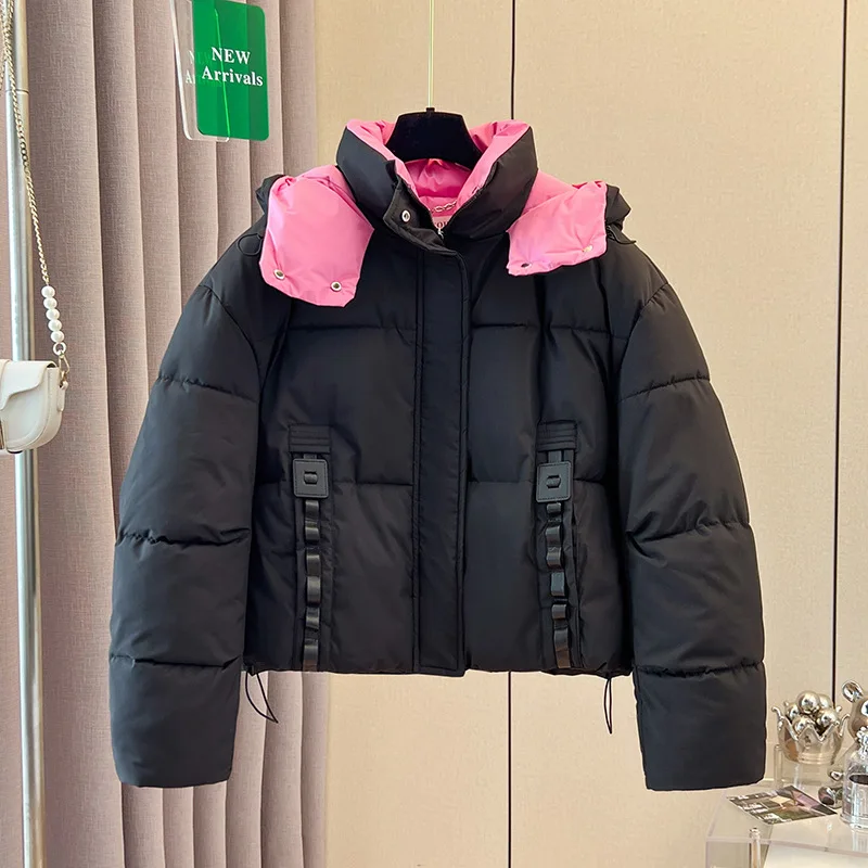 

Шикарная хлопковая куртка контрастного цвета с капюшоном, 2024, женская зимняя мода, дизайн с карманами, пальто на молнии, новые повседневные теплые парки, верхняя одежда