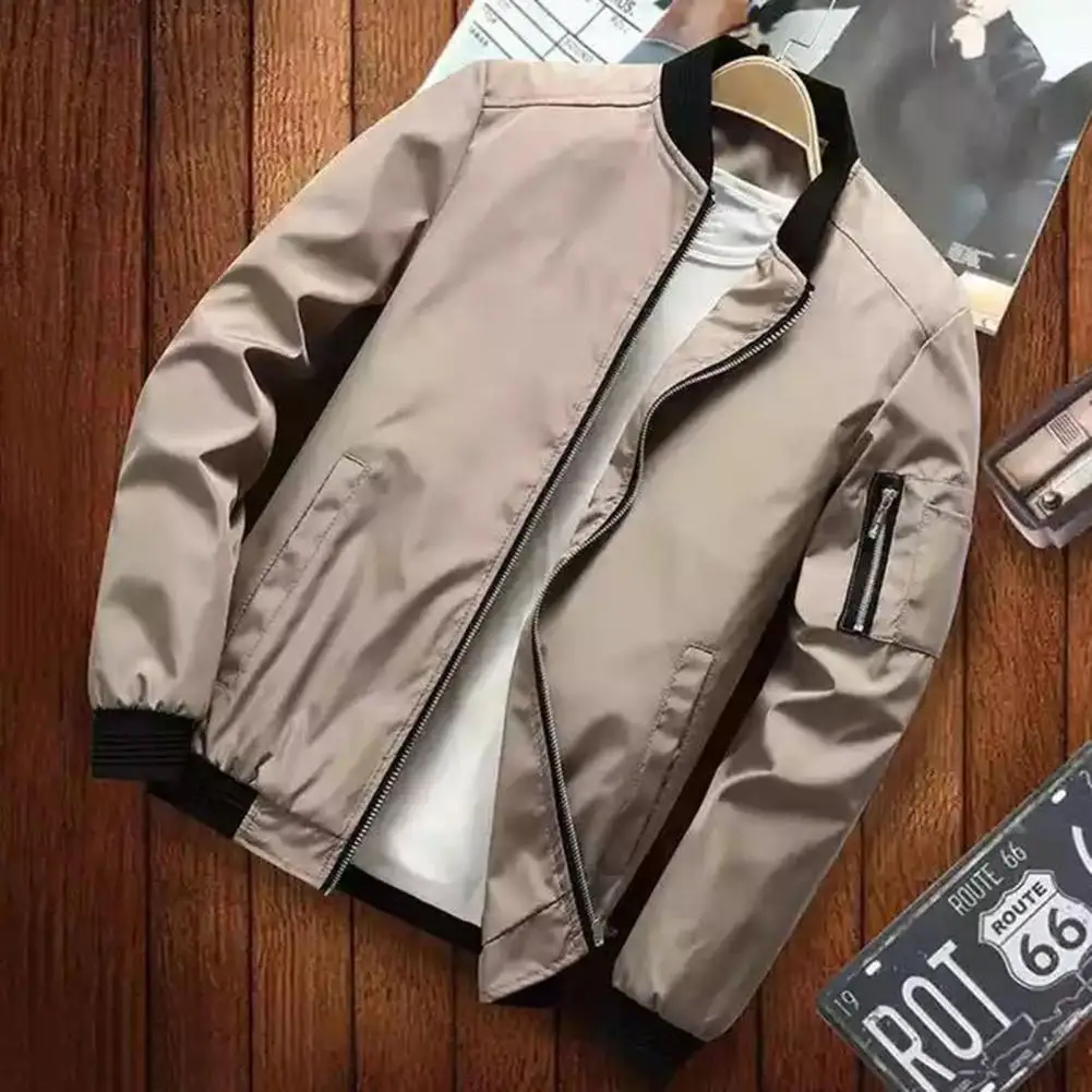 Solid Color Men Jacket Loose Fit Men Coat Stylish Men's Baseball Jacket with Stand Collar Long Sleeve Zipper Placket