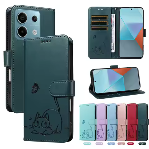 Magnetic Leather Wallet Flip Case for Xiaomi POCO C65 C75 F3 F5 F6 M3 M4 M5S M6 X4 GT X5 X6 X7 Pro 4G 5G | Embossed Cat Design