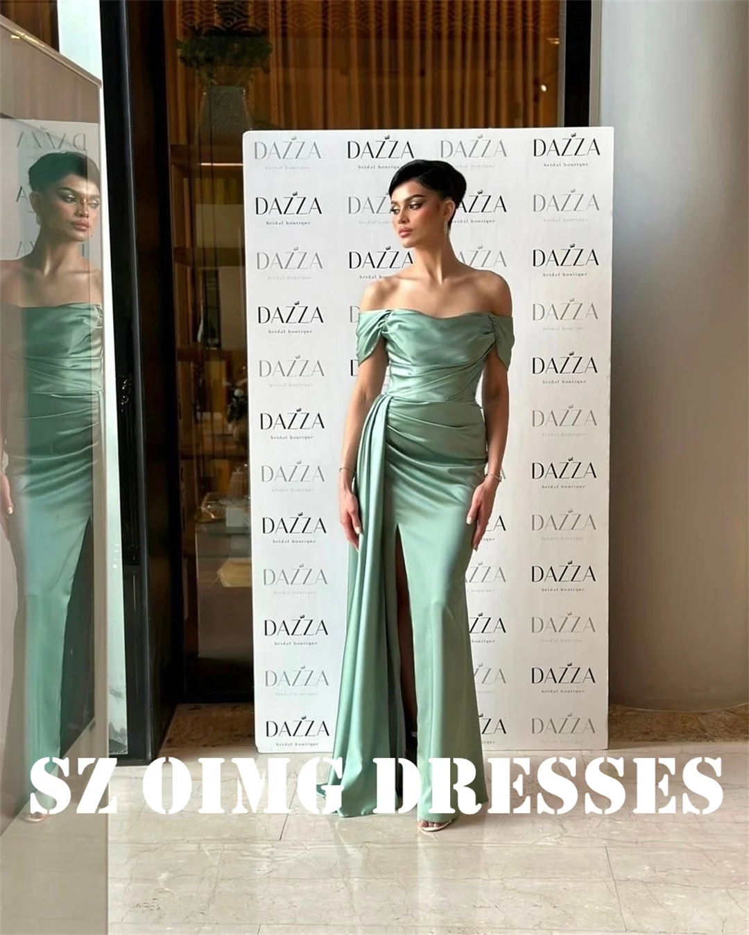 

OIMG New Design Green Prom Dresses Saudi Arabic Women Satin Ruched High Split Off the Shoulder Evening Gowns Formal Party Dress