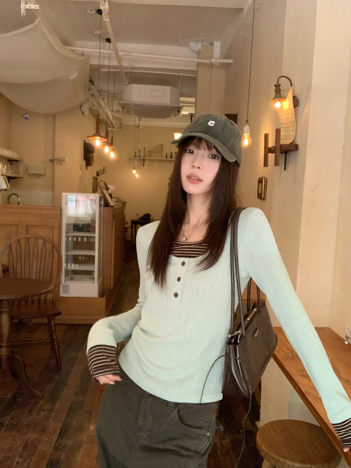 Long Sleeve Green T-Shirt Women's Base Layer Shirt Inner Wear Single Wear Commute Style Slim Fit round Neck Top by Song Zhengen