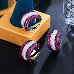 CWWZircons Two Tone Fuchsia Red Cubic Zirconia Chunky Luxury Women Engagement Wedding Prom Finger Rings Adjustable Size R278