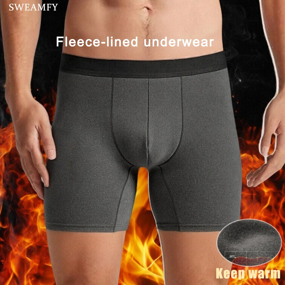 Men‘s Fleece Lined Thermal Boxer Briefs Winter Warm Underwear Breathable Stretch Elastic Waistband Soft Pants for Sports Home Gi