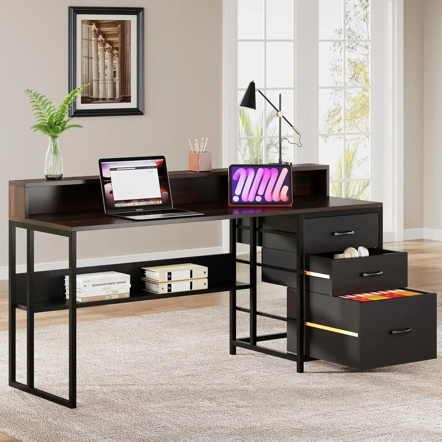 61 Inches Computer Desk with File Drawers,Industrial Wooden Computer Table with Open Storage Shelf