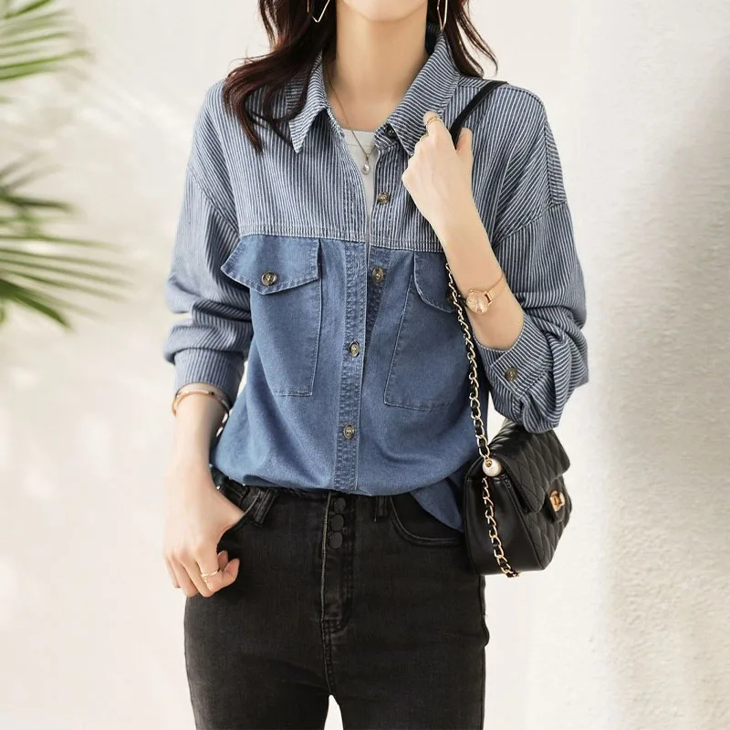 Denim Spliced Polo-Neck Casual Blouse Women Korean Commute Striped Single-breasted Loose Shirt Long Sleeve Female Clothing 2024