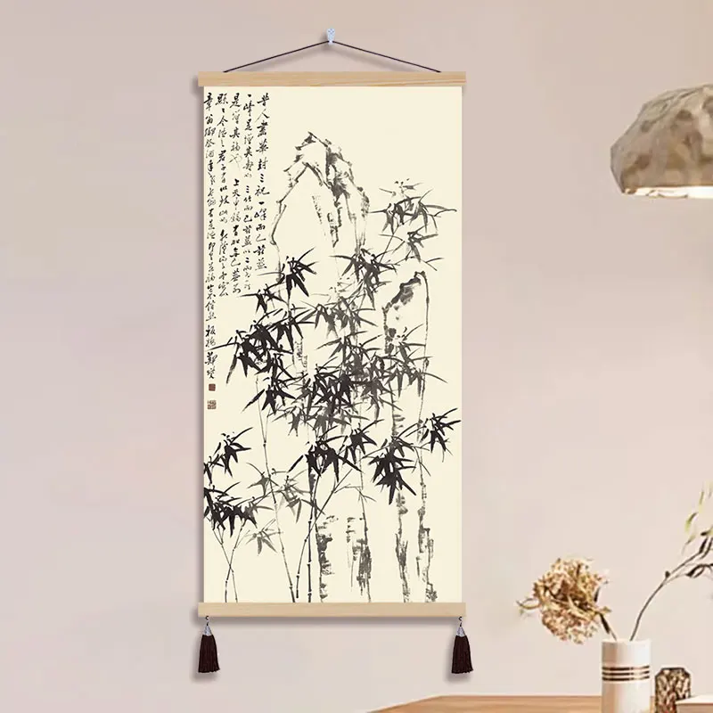 Wall Art Home Decor Zheng Banqiao Ink Bamboo Painting Fabric Tapestry Hanging Scroll Zen for Hallway Office Foyer Lounge