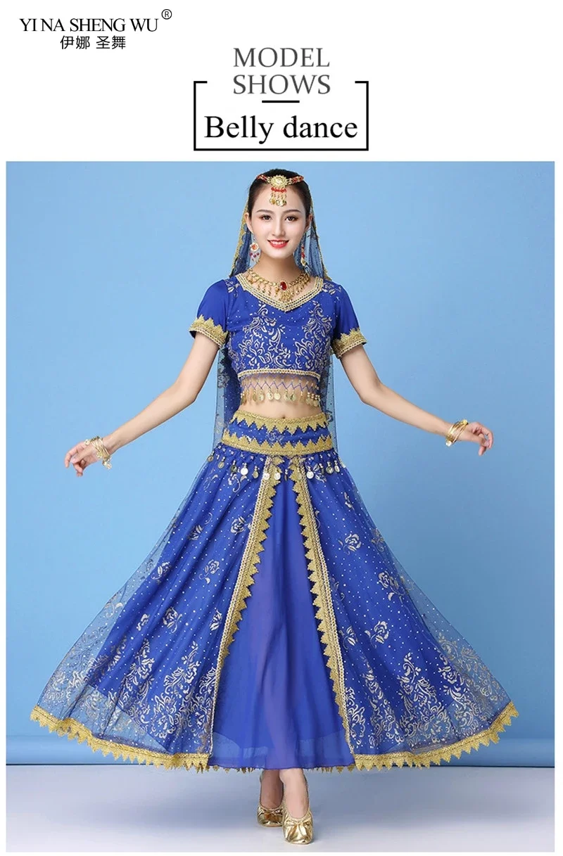 Sexy Bauchtanz-Kostümset für Damen im Bollywood-Stil, ägyptisch-indischer Stil, Chiffon-Oberteil mit Pailletten und Fransen, Rock für Bühnenauftritte – Detail 7