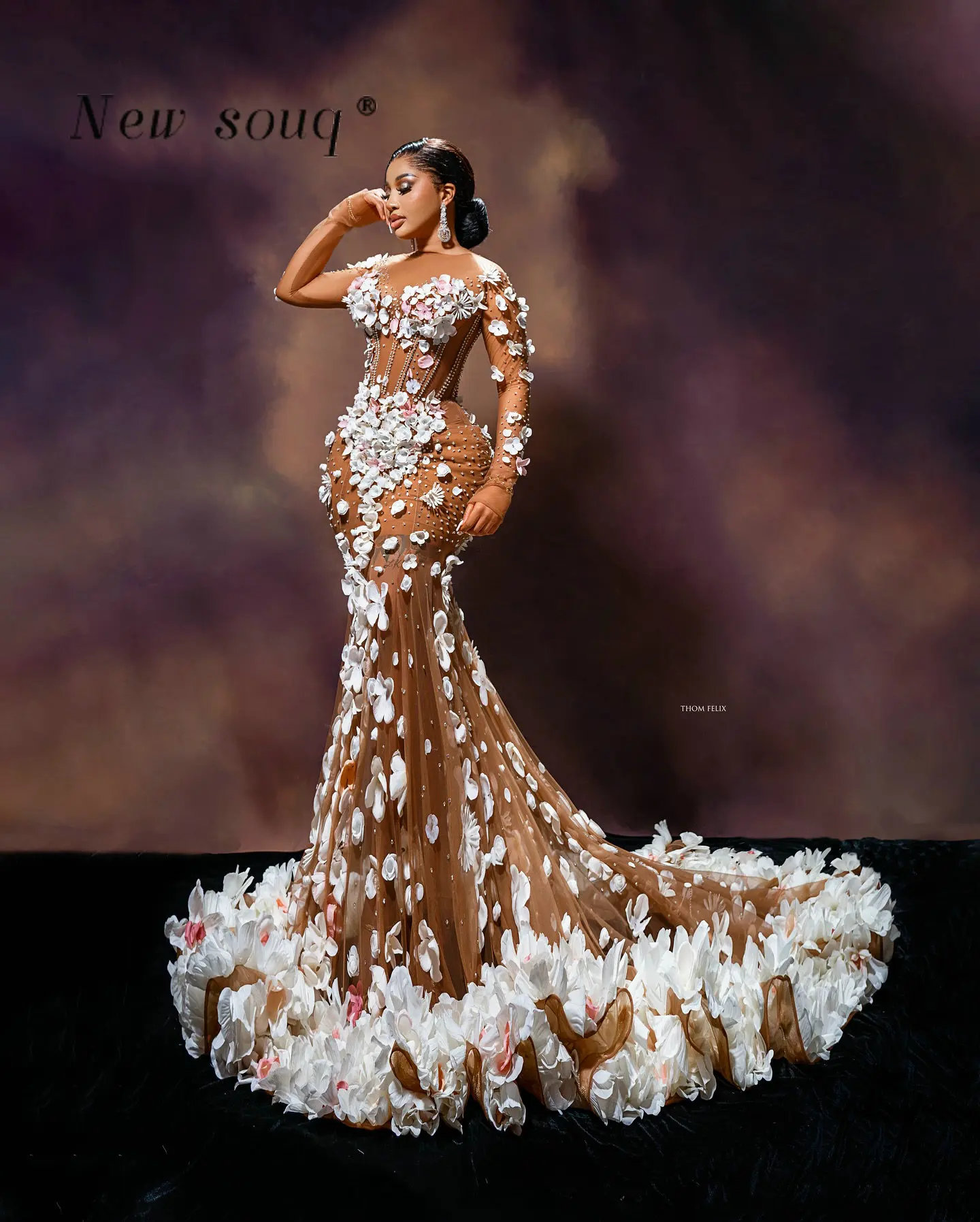 Stunning African Brown Long Sleeves Mermaid Evening Dresses with 3D Floral Flowers Crystals Sexy Illusion Pageant Events Gowns