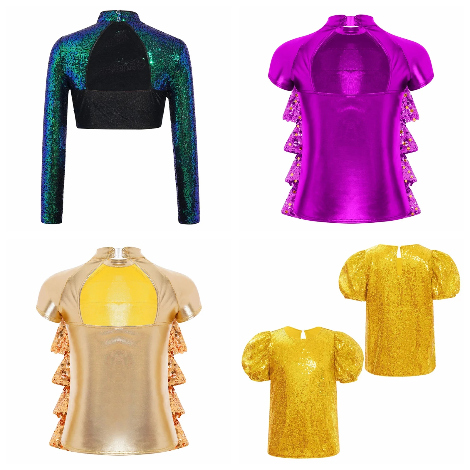 

Kids Girls Jazz Dance Tops Sequins Tees Fashion Streetwear Children T-shirt Short Puff Sleeves Tshirts Stage Performance Costume