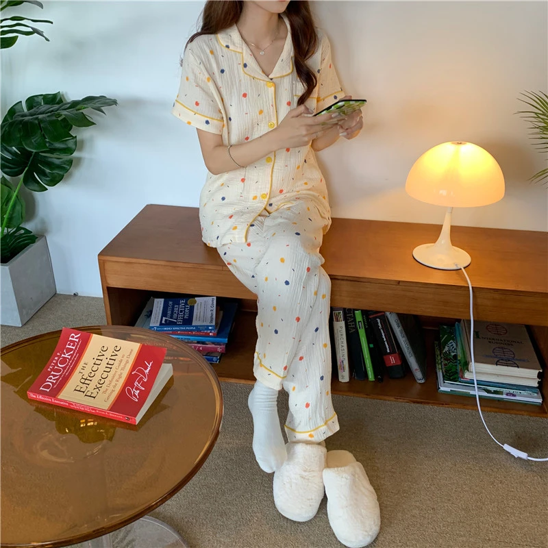Summer Short-sleeved Lapel Cardigan 2-piece Pajama Set Night Sleep Home comfort Wear Nightie for Women Low Price