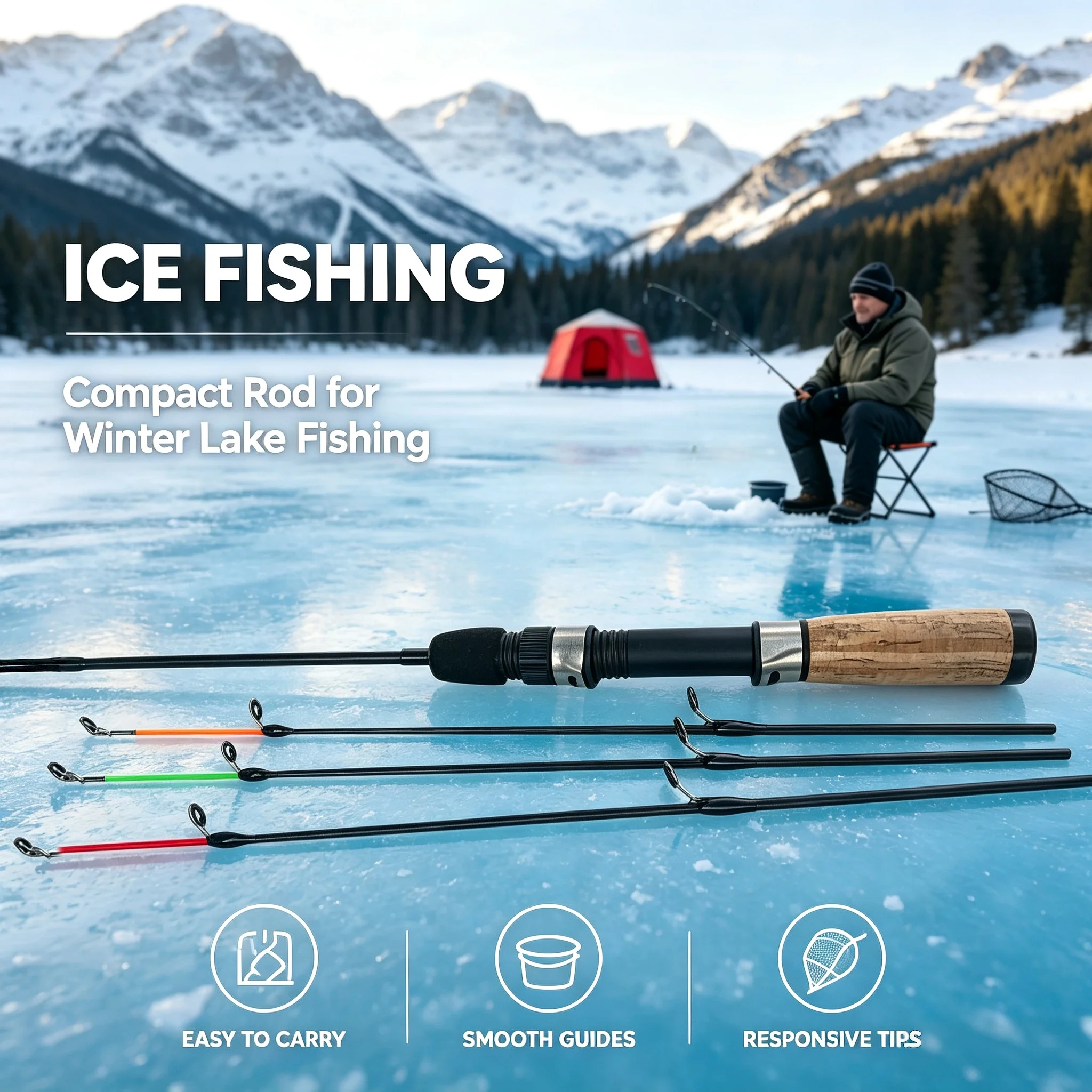 Ice Fishing Rod With 3tips Handle Mini Portable Telescopic Rod For Ice Fishing, Fishing Tackle