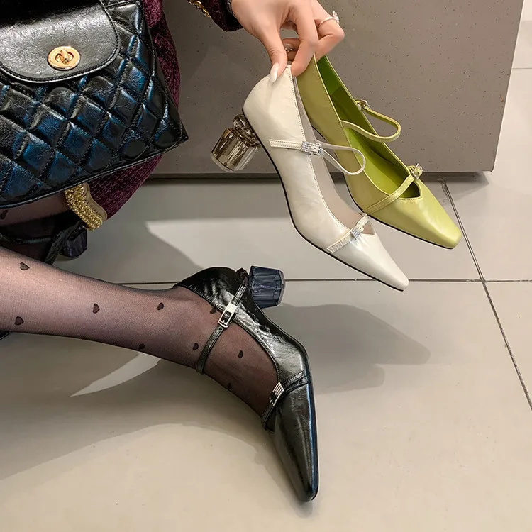 

2025 New Design Women Pumps Fruit Green Leather Mary Jeans Clear Chunky High Heels White Prom Party Shoes Black Chaussure Femmes