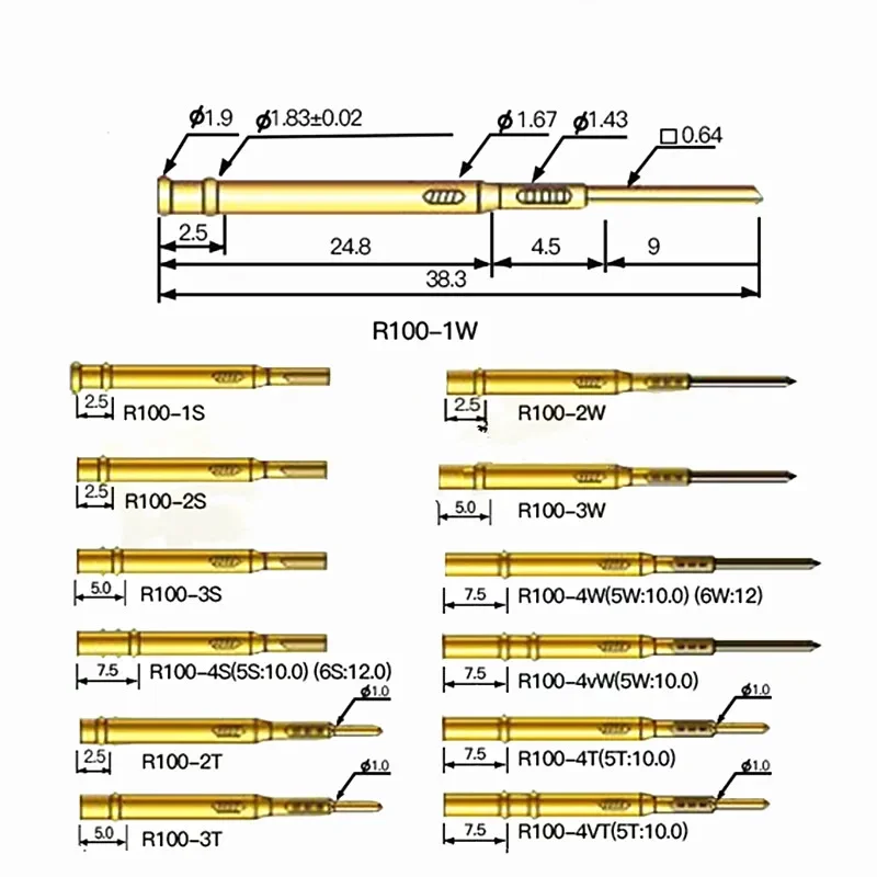 

20PCS Test Probe Tube R100-1W 2W 3W 4W 5W 1S 2S 3S 4S 4T Outer Diameter 1.67mmWire Wound Needle Sleeve Probe Needle Seat