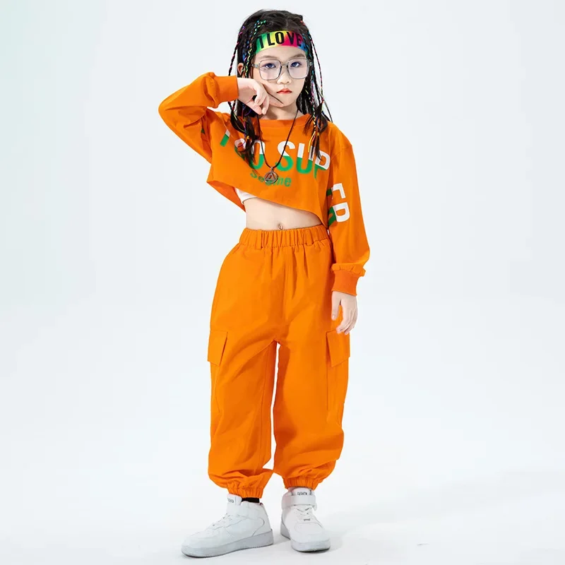 3-16 Years Kids Kpop Hip Hop Clothing Orange Crop Sweatshirt Joggers Pants Girls Jazz Dance Costume Children Streetwear Outfits