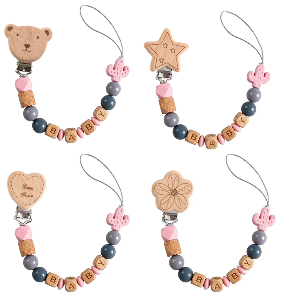 Lote de 4 clips de madera de haya natural con forma redonda de animales y flores, seguros para manualidades, para hacer joyas, hebillas para tarjetas y clips para chupetes.