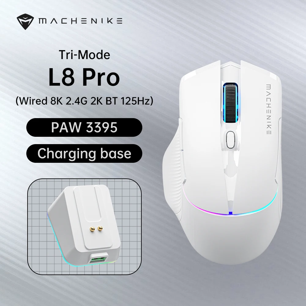 

Беспроводная игровая мышь Machenike L8Pro с зарядной док-станцией PAW3395, оптический датчик, регулируемая прокрутка, частота заката 8K, RGB для геймера