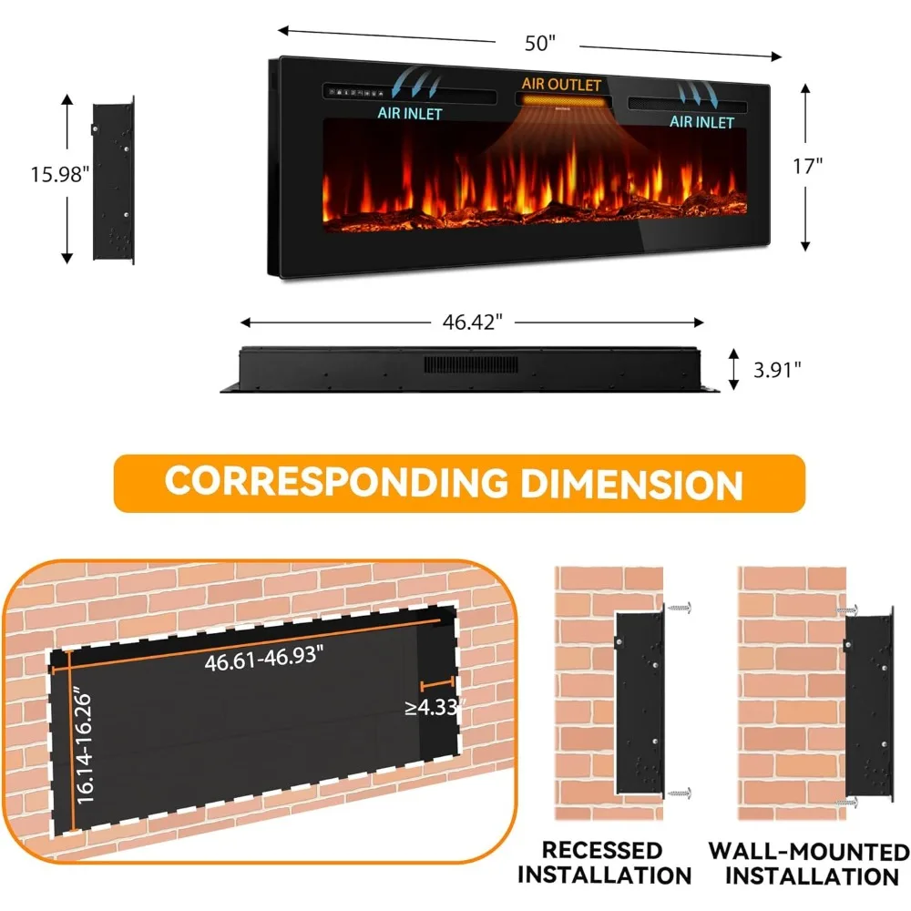 مدفأة كهربائية 50 بوصة مثبتة على الحائط ومثبتة على الحائط، سخان مدفأة خطي رفيع للغاية 750/1500 وات مع لهب واقعي #3