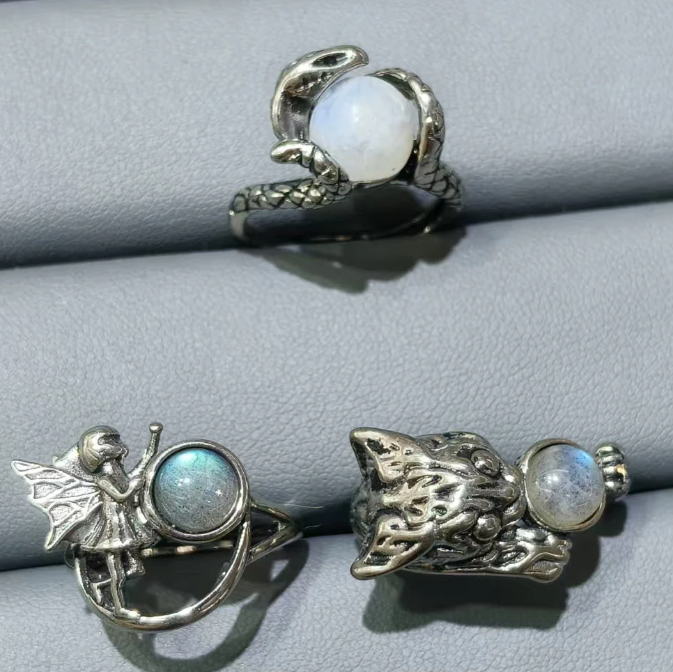 100% natural moonstone Gemstone labradoritec Retro style Ring Women\'s men adjustable copper silver plated ring Party Jewelry