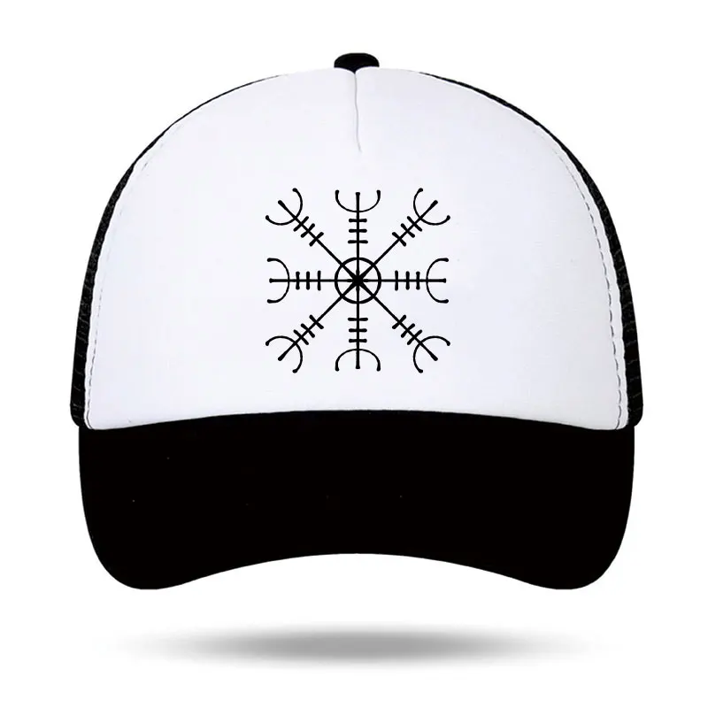 Casquette de camionneur en mousse avec symbole viking Aegishjalmur (Helm of Awe), casquette snapback en maille pour homme, runes nordiques, casquette de baseball d'été