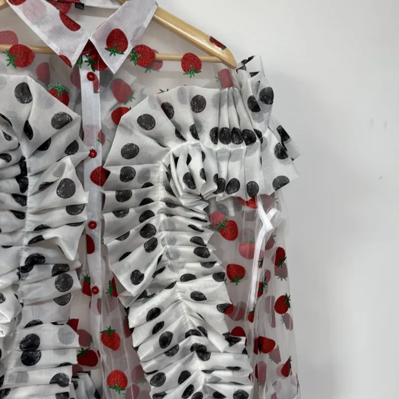 WVGA ربيع وصيف جديد رجل المد شارع العليا بقماش شفاف البولكا نقطة تكدرت تصميم قمصان طويلة الأكمام فضفاضة شيك قميص غير رسمي W8591