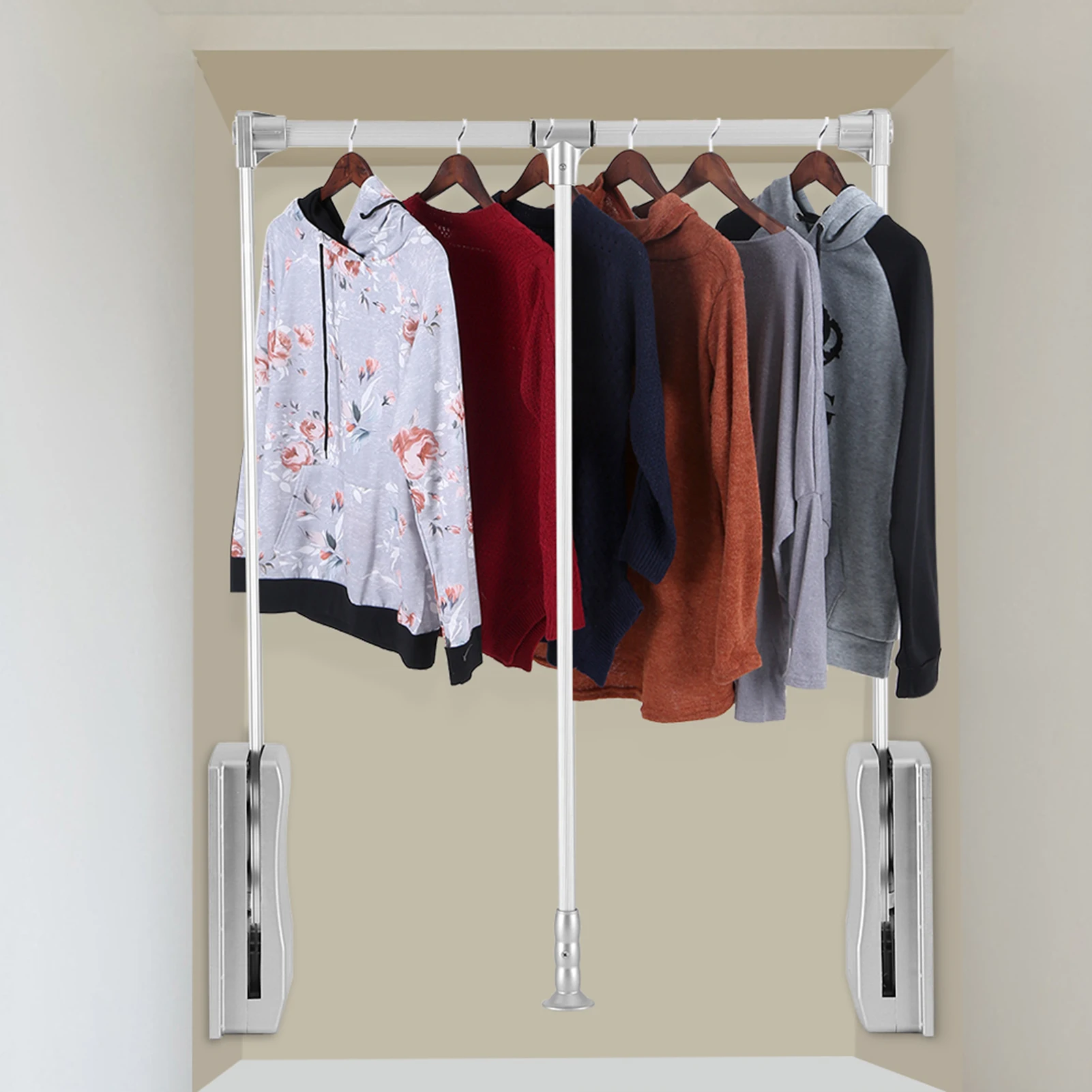 Pull Down Adjustable Wardrobe Hanging Rail, Soft Return Space Saver, Max 10KG for High Closet Space
