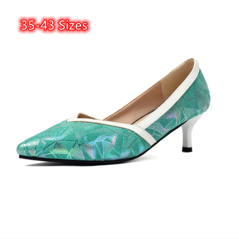 Women White Med Heel Patchwork Shallow Mouth Shoes Pointed Toe Stilettos In Green Purple Hand-Made Pumps Low Cutter Slip-Ons 43