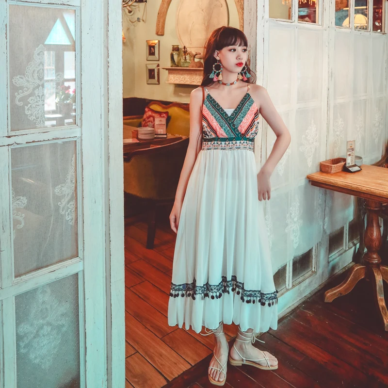 

Vaion Floral Print Midi Dr Women's Summer Vintage Ethnic Sle Splice Chiffon ter Gown Street Sle High Waist A-Lin...