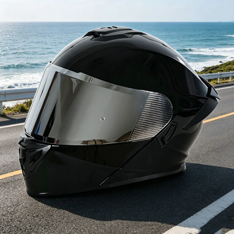 

Unisex full-coverage motorcycle helmet with dark sun visor, available in multiple colors, suitable for all seasons