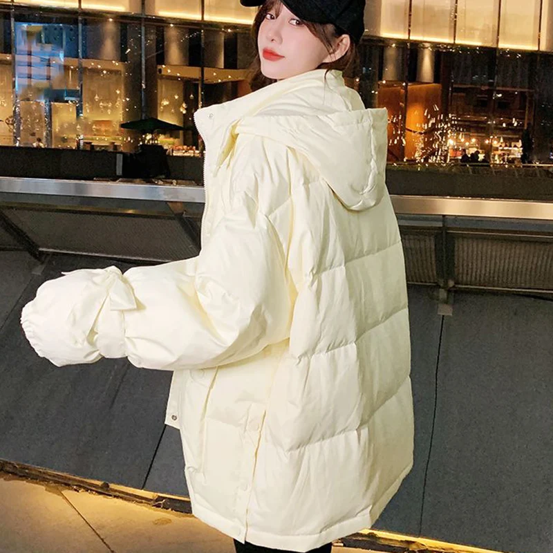 Winter Women Hooded Loose Cotton Jacket Elegant Sweet Fashion Label Simplicity Parkas 2023 Female Casual Thicken Bread Coat