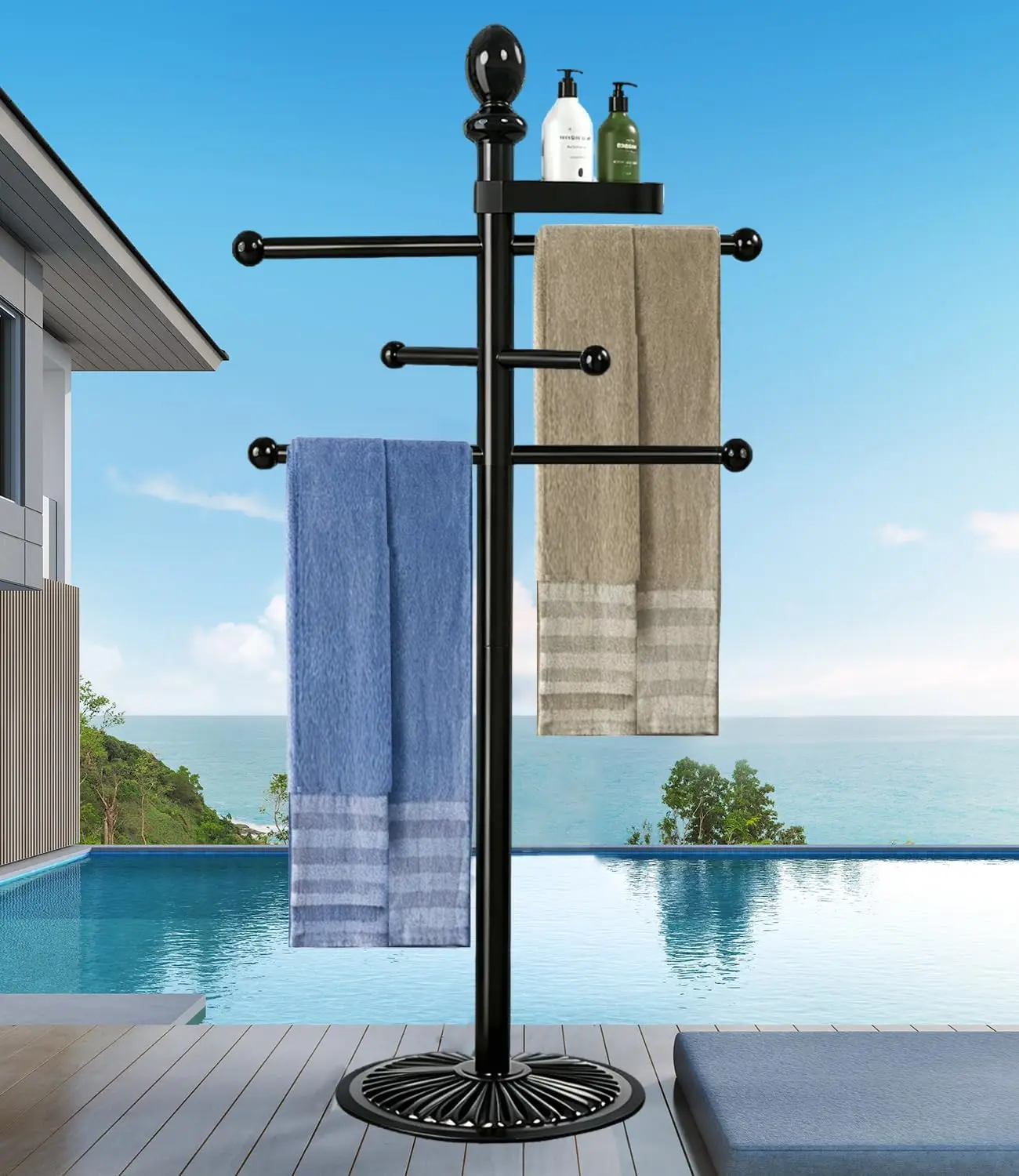 Pool Towel Rack Outdoor, 6 Bars Metal Heavy Duty Never Tilt Pool Accessories with Heavy Metal Base, Hot Tub Accessories Towel Dying Rack Towel Stand for Pool, Spa