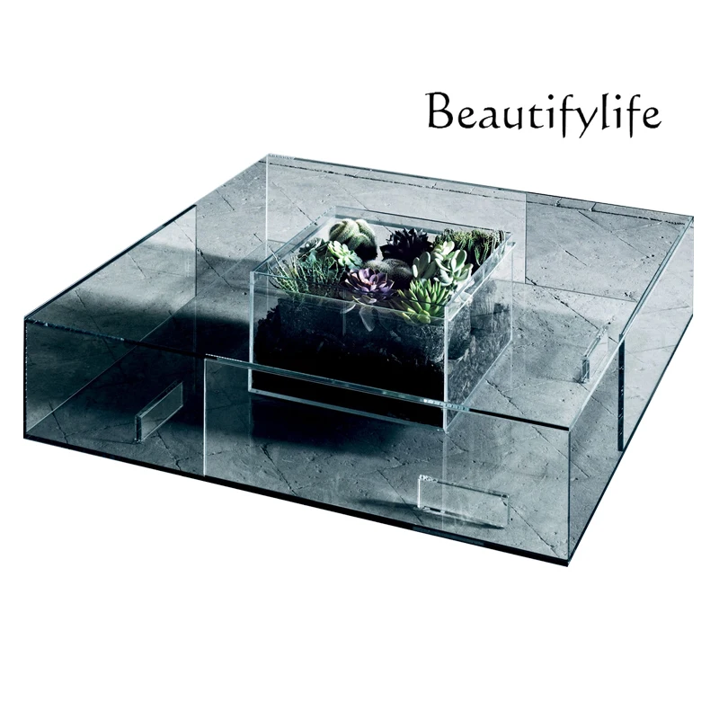 

Modern Simple Transparent Tempered Glass Tea Table Creative Flower Storage Square Living Room Low Table