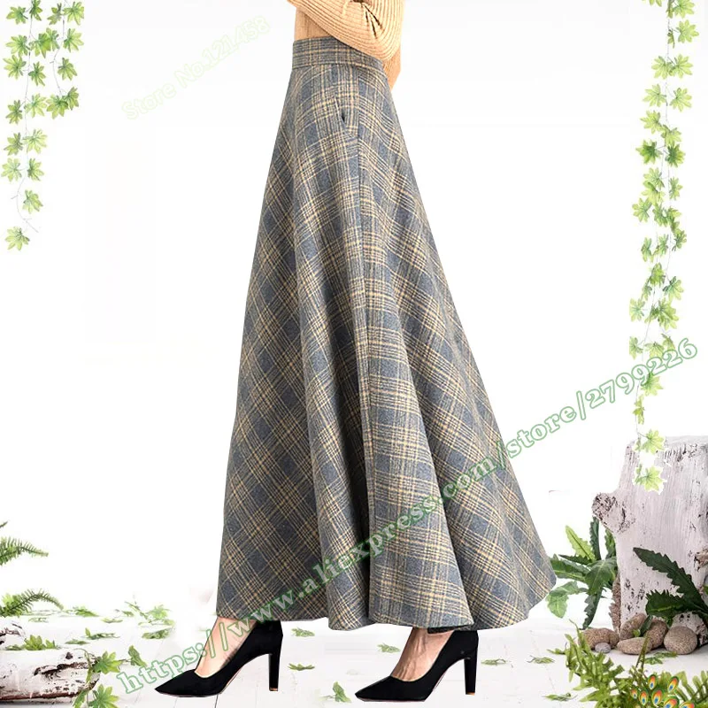 Female Clothing Plus Size 6XL Winter Retro Vintage Casual Fashion Warm Woolen Plaid a-line Long Ladies Skirts Womens