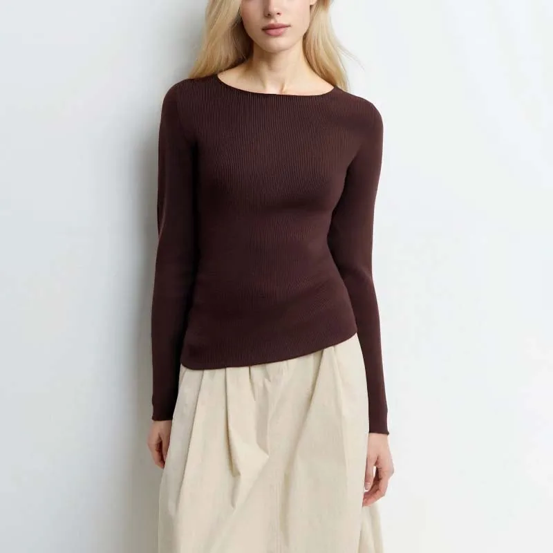 

Seamless Boat Neck Sweater Light Weight 3D Fine Knitted Layering Tops Autumn Women