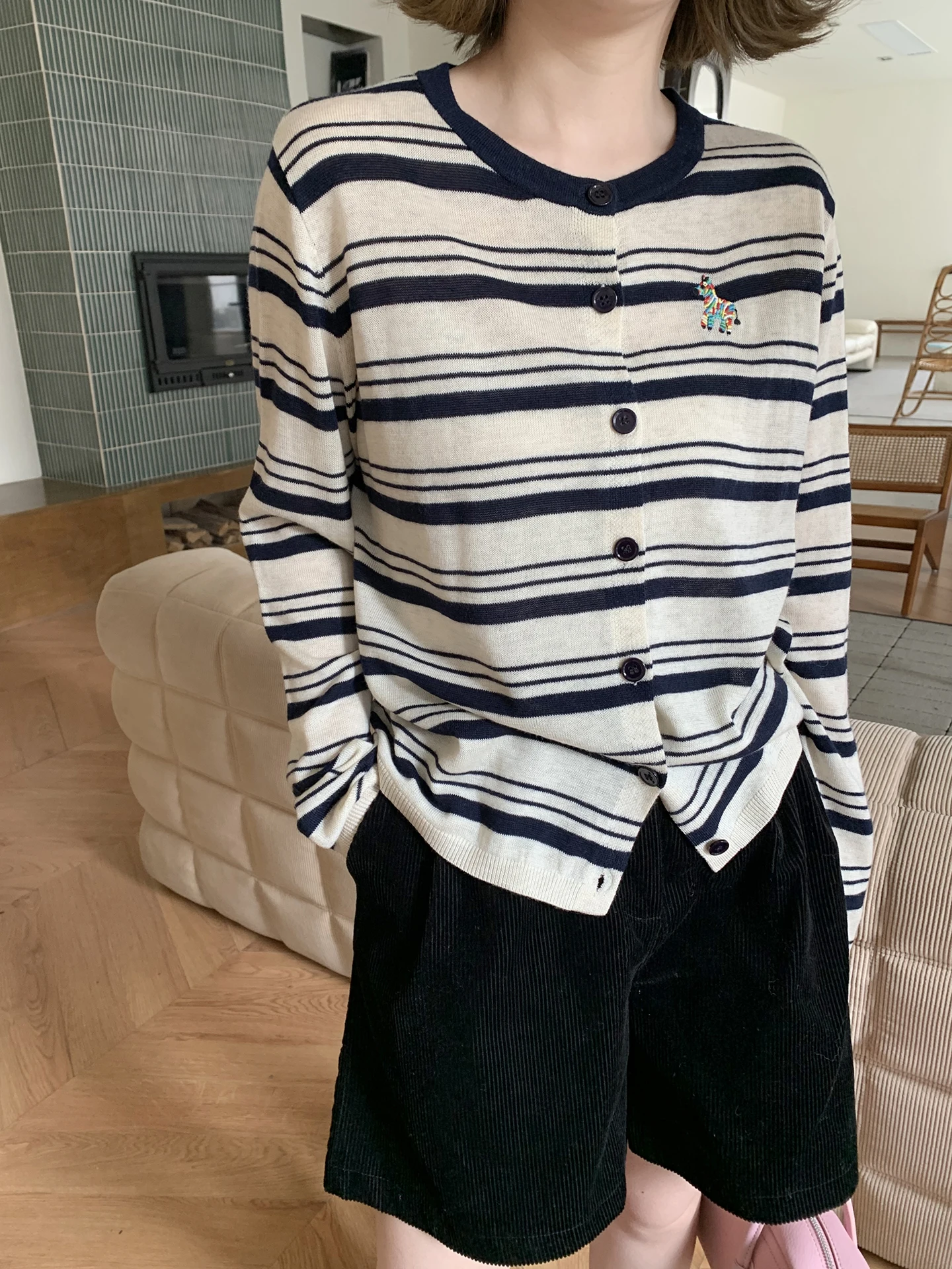 

Винтажный вязаный кардиган XuanXuan в полоску, женский, свободный крой, с круглым вырезом, длинными рукавами, универсальный свитер-топ