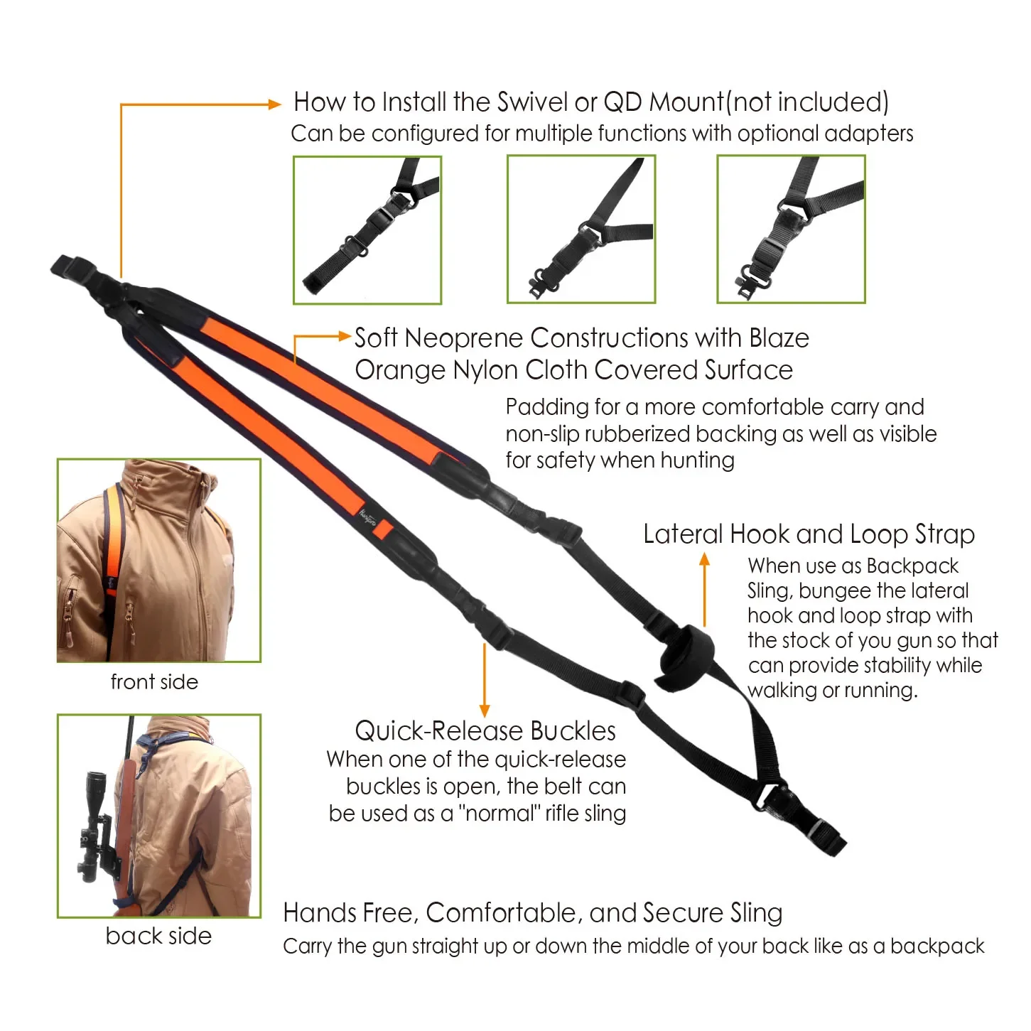 التكتيكية 2 نقطة بندقية الرافعة العالمي الصيد مزدوجة حقيبة ظهر تحمل على الكتف حزام قابل للتعديل النيوبرين تسخير للصيد في الهواء الطلق #5