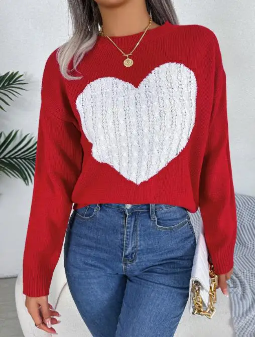 

Fried Dough Twists Love Long Sleeve Pullover Sweater for Valentine's Day Women's Wear in Autumn and Winter 2025 Knitted Top