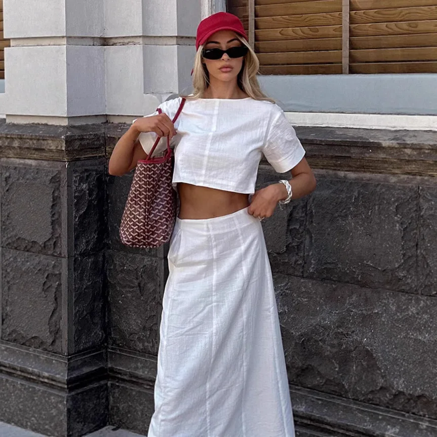 

2026 Holiday Summer Fashion New Casual Two-piece Suit For Women Outfits White Cotton And Linen O-Neck Vest Top Long Skirt Suit