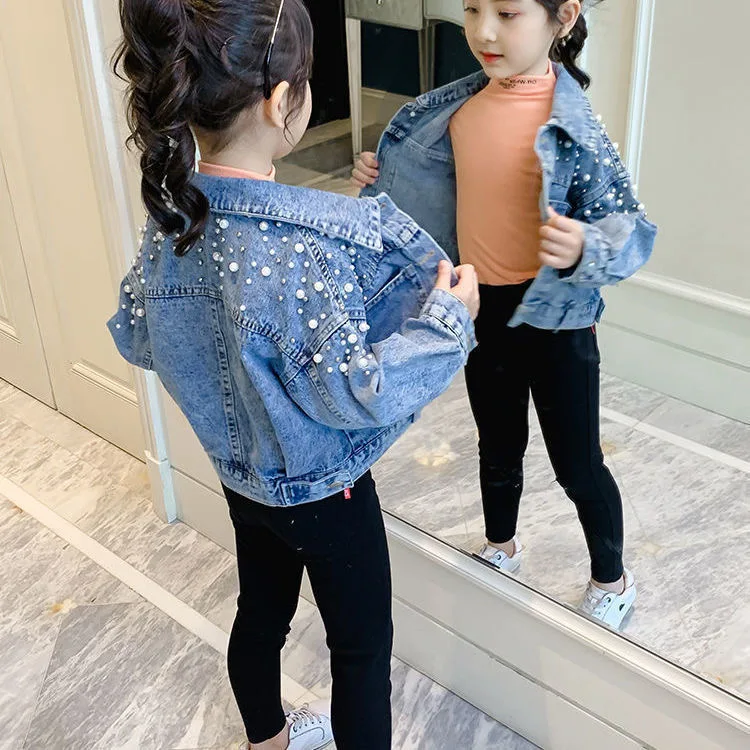 Spring Pearl Embellishment Teenage Girls Denim Coat Children Fashion Windbreaker Kids Birthday Present Outerwear for 3-12 years