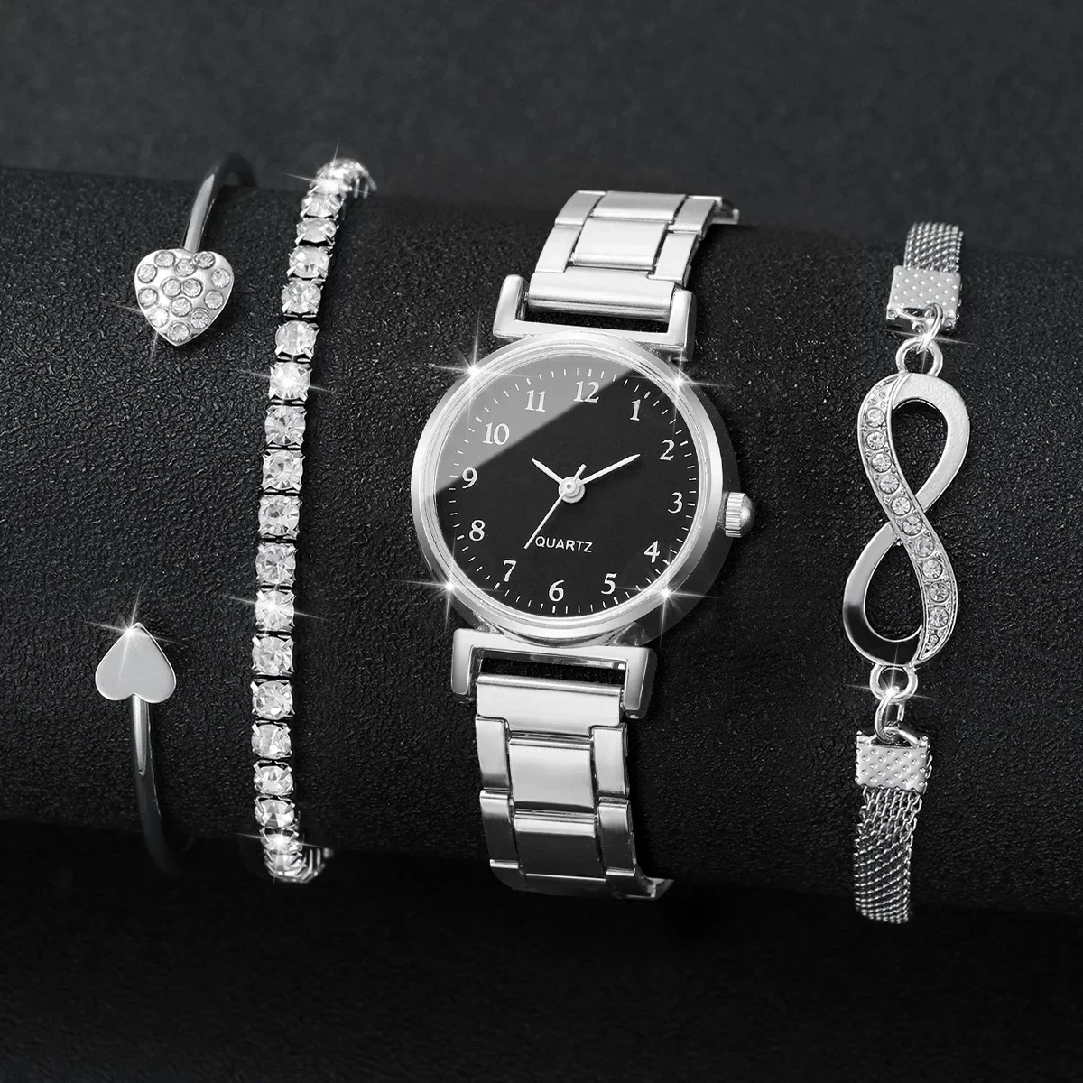 4PCS Women's Watch & Bracelet Set Silver Tone Round Black Dial Quartz Wristwatch with Rhinestone Heart Infinity Bracelets