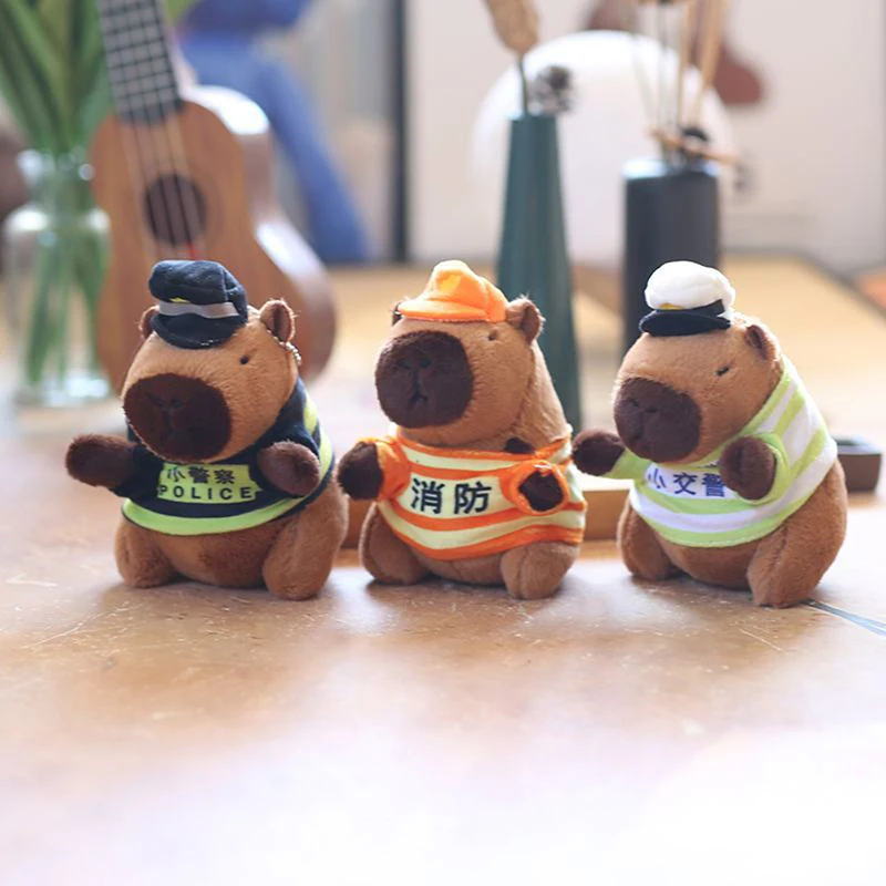 Cute Police Firefighters Capybara Keychain Cartoon Plush Kapibala Doll Backpack Pendant Bag Hanging Key Chain Creative Gift