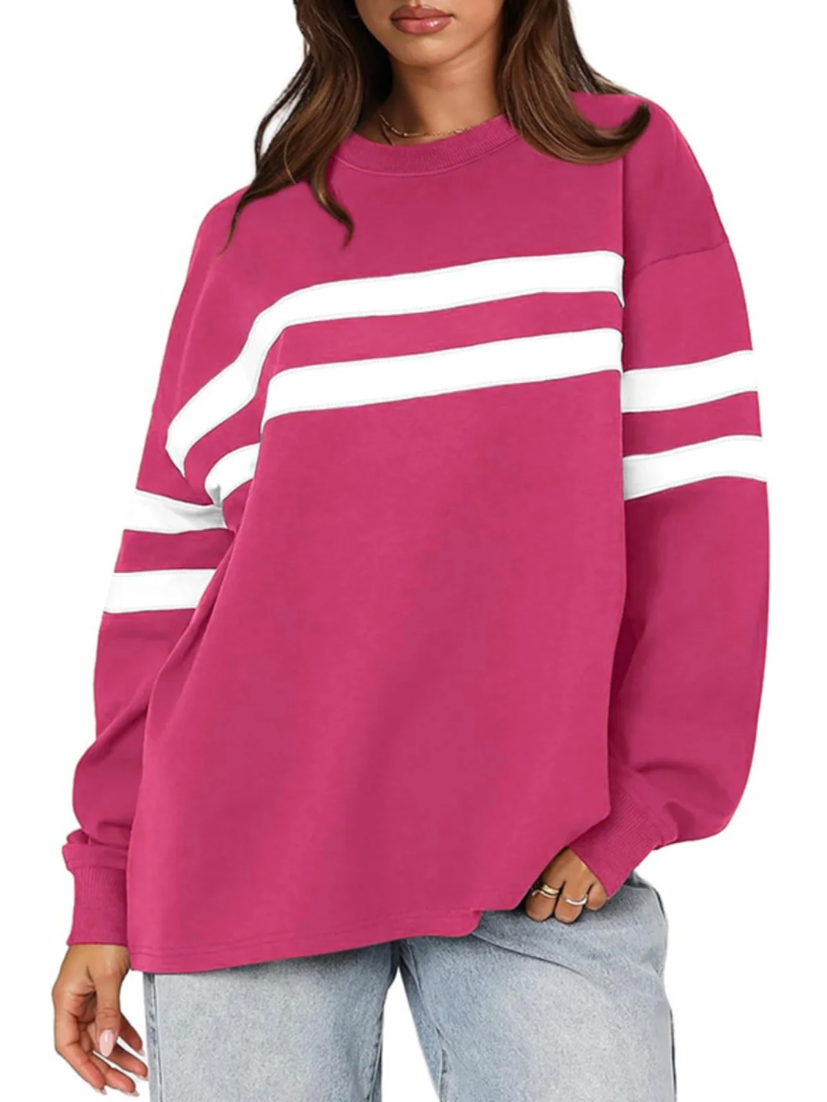 Sweat-shirt décontracté à rayures longues Sve coupe ample Street Sle femme Faion fibre de polyester rond Ne pull Thiened Ja...