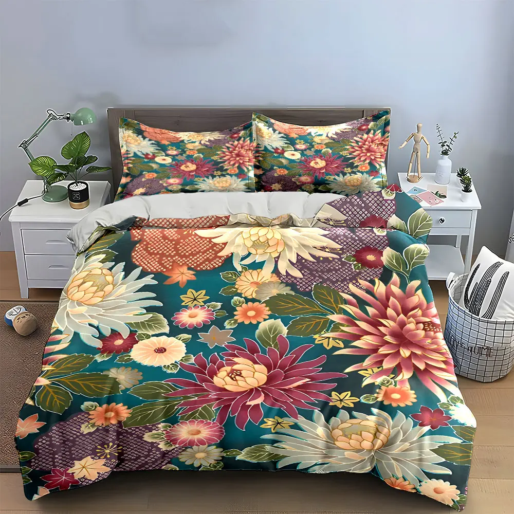 

Japanese Dahlia Floral Duvet Cover Set, Dark Teal Vintage Kimono Print Bedding Includes 1 Duvet Cover And 2 Pillowcase, Gift